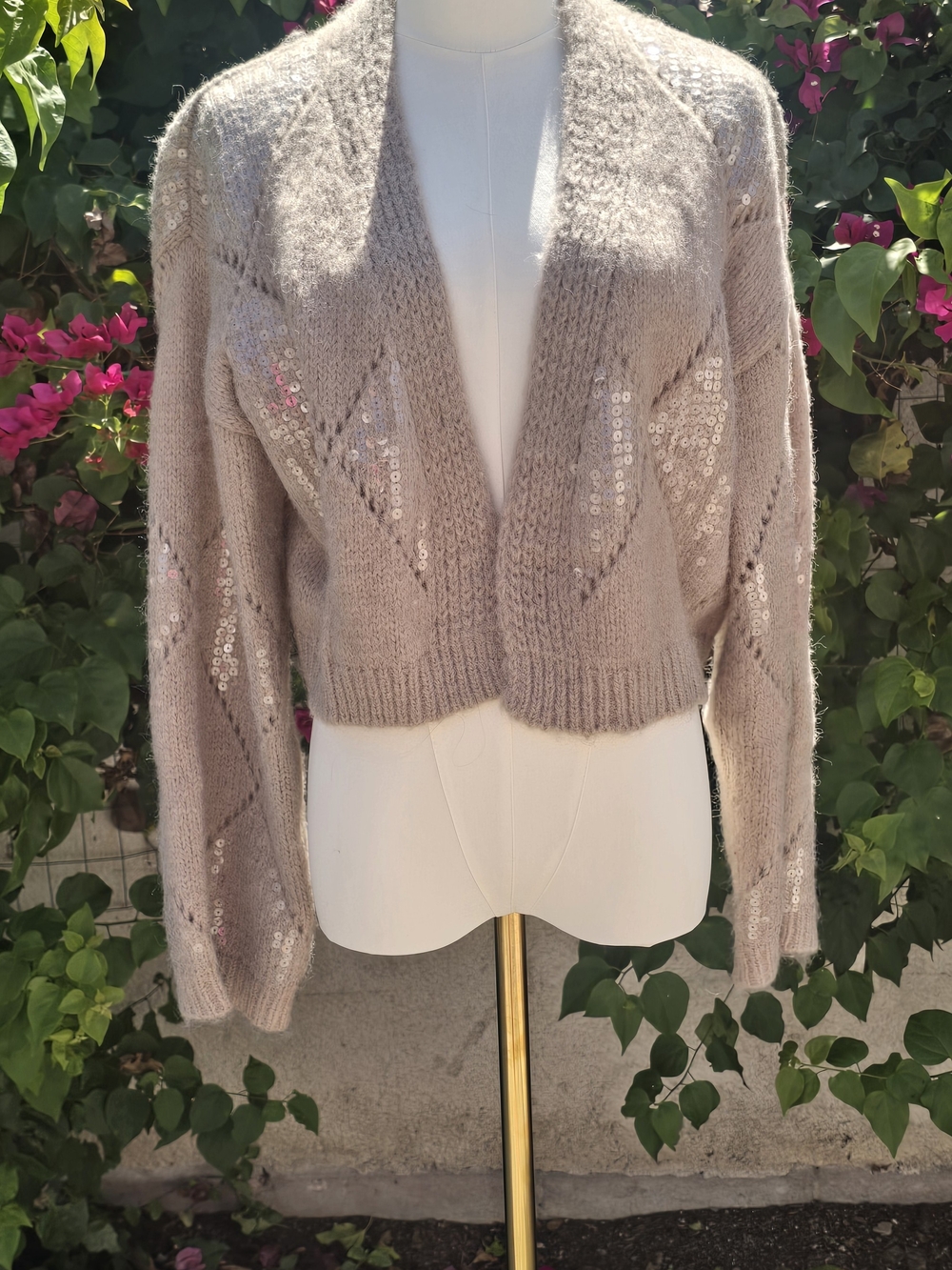 Anthropologie Taupe Sequin Cropped Open-Front Cardigan